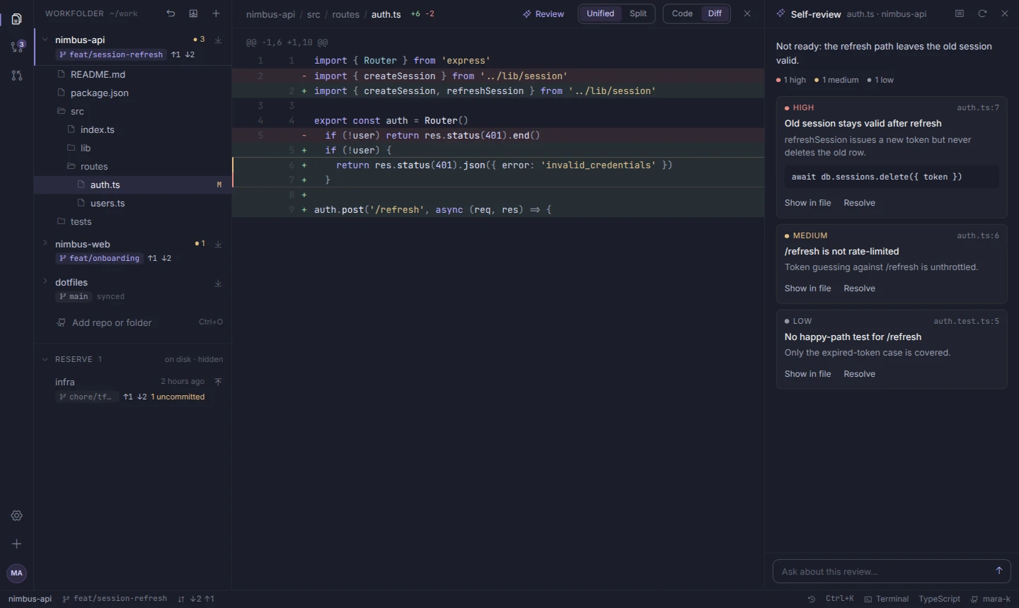 Nimbus showing a diff of auth.ts with the AI self-review panel listing a high, a medium and a low finding